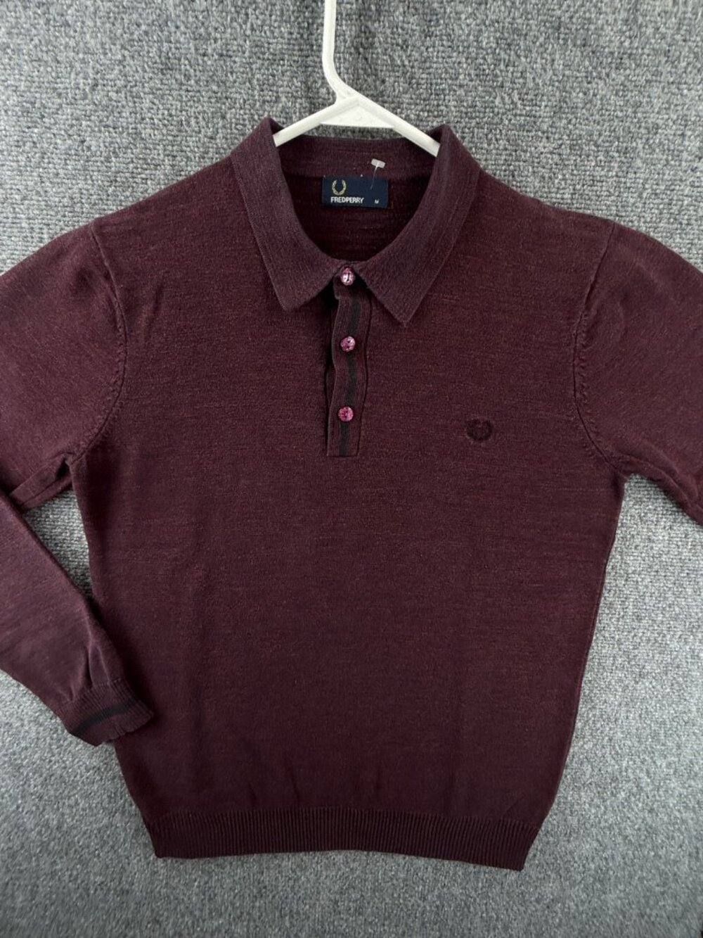 Fred Perry Long Sleeve Polo Sweater Knit Medium Burgundy K1341 Cotton Preppy